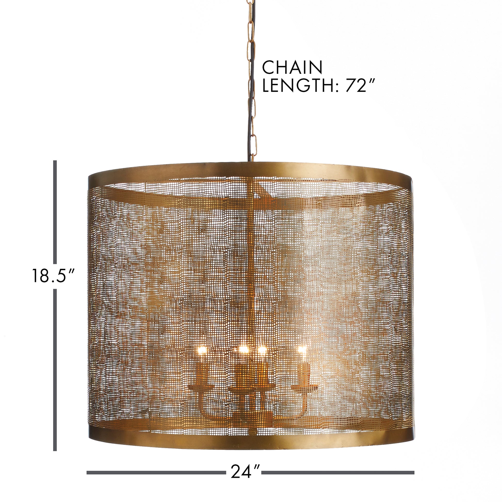 With an over scaled drum and patterned mesh detail, this chandelier steals the show. Use above the kitchen table or illuminate the entry foyer, either way a stunner. Created for style and functionality, this chandelier's impressive size and intricate mesh design make it a statement piece that will elevate any room. Hang it over your kitchen table or in your entryway for a stunning addition to your home's decor.