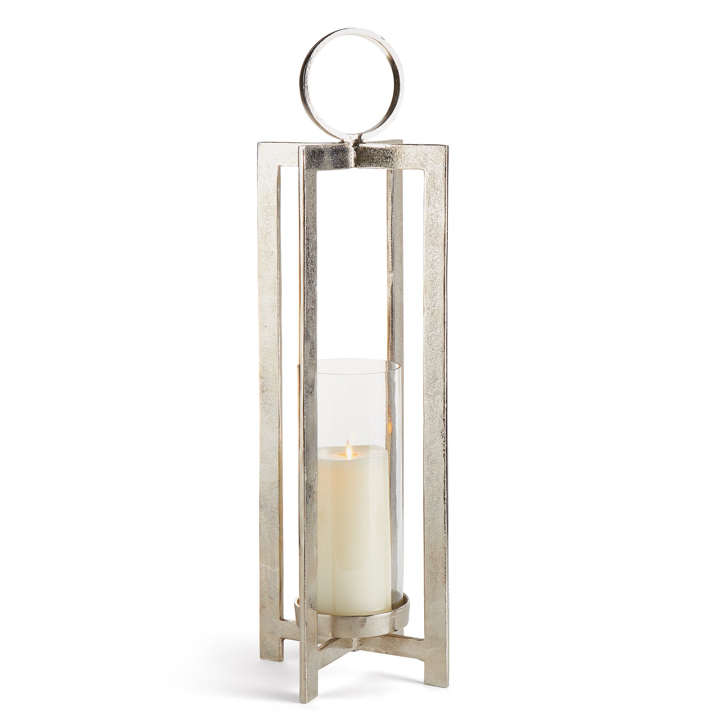 The lantern exudes a sense of grandeur and contemporary style, sure to make a striking impact. It boasts a footed design that elevates your candle and a sizable round handle, making it a great addition to a mantle, front entry, or any space. Meticulously crafted with a modern touch and exceptional attention to detail, this lantern is a standout piece.