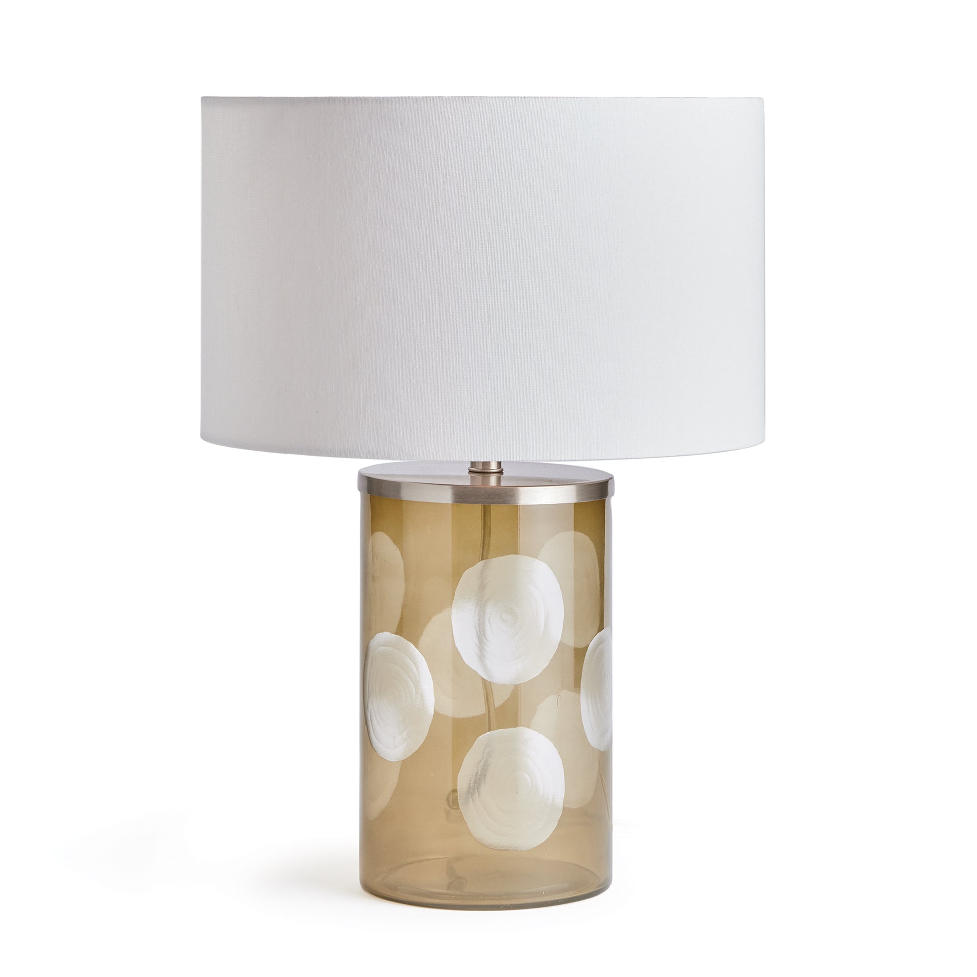 Looking for some whimsy in your lighting? This lamp is a soft taupe glass with oversized etched polka dots. Finished off with a bright white linen shade, a truly whimsical accent for console, desk or side table.