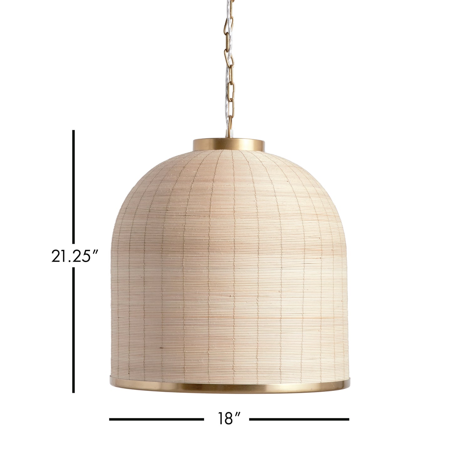 Crafted from natural cane rattan, the Maye Dome Pendant Light boasts a distinctive blend of colors, creating one-of-a-kind pieces. With elegant brass accents at the top and bottom, this pendant adds a refined touch to any space. Its impressive size makes it a statement piece for kitchen islands, entryways, or hallways, elevating the overall look of your room.