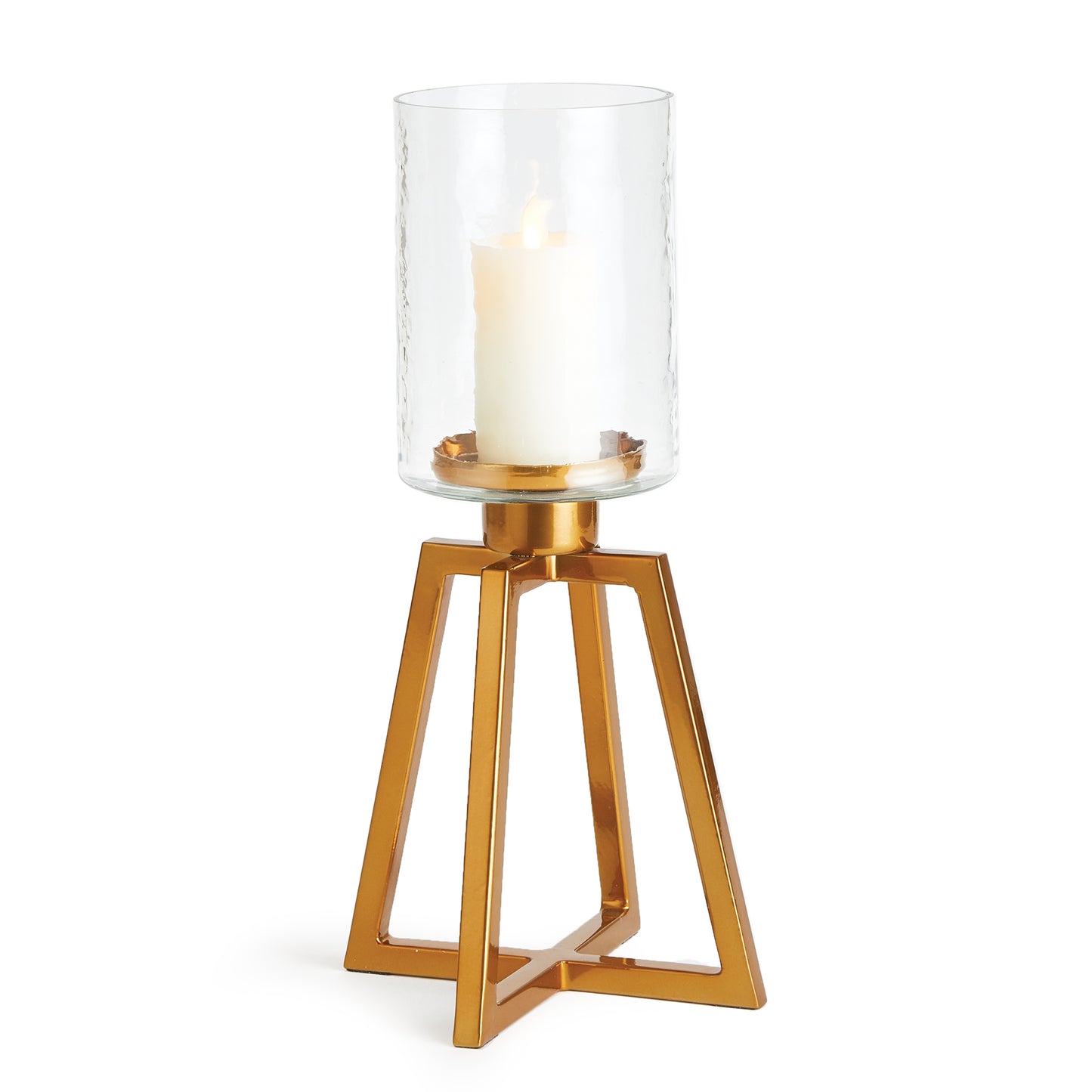 With a tall, tapered metal Base and hammered glass hurricane, this piece is a minimalist design. A fitting accent for the industrial modern space.