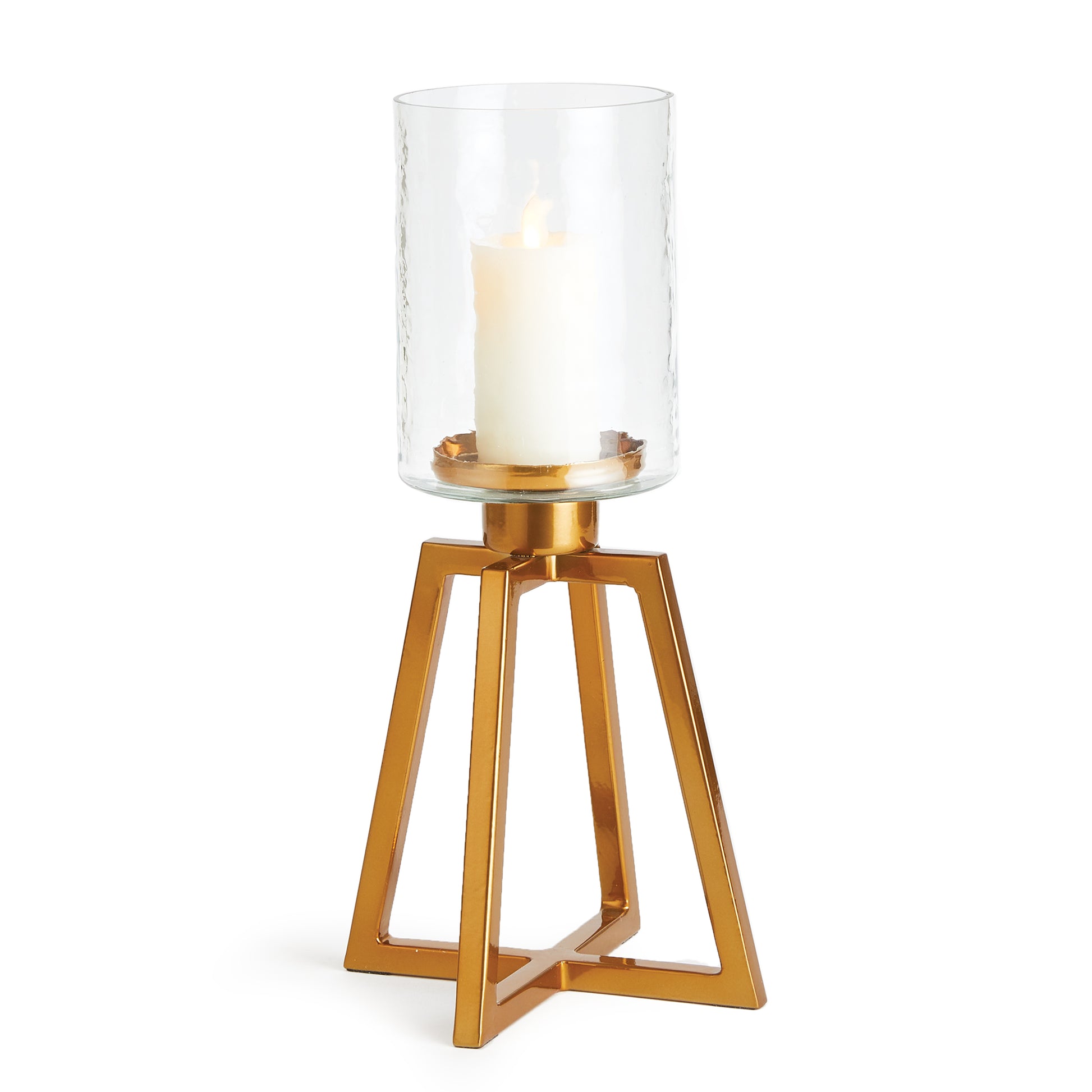 With a tall, tapered metal Base and hammered glass hurricane, this piece is a minimalist design. A fitting accent for the industrial modern space.