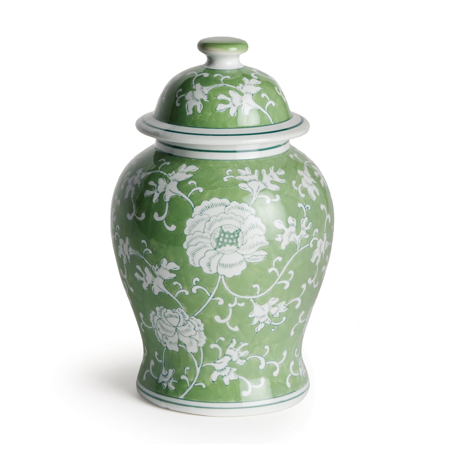 A classic chinoiserie jar in shades of green & white. How refreshing! The color green is known to have a harmonizing, balancing effect, and is an inspired choice for a lidded jar. A welcome addition, adding stability and calm to the well-appointed bookshelf, mantel or entry console.