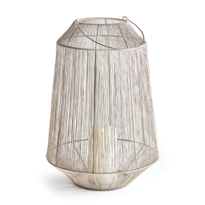 Large Silver Lantern with Handwoven Metallic Strands