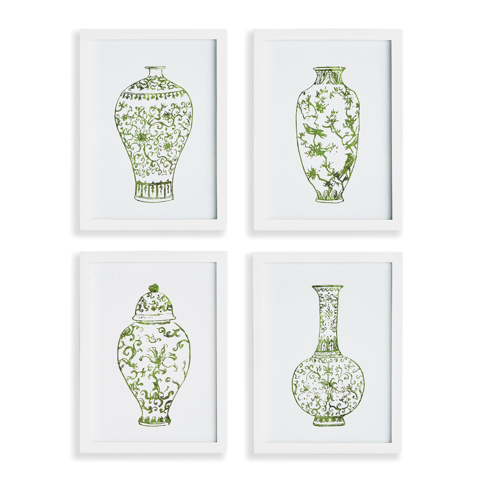 These darling little chinoiserie ginger jar prints in an unexpected green, are a versatile set. Perfect all tucked into a bookshelf wall, or in a kitchen nook or study. The simple shape and detailed artistry of traditional patterns are a delight. Finished off with a simple white wood frame.