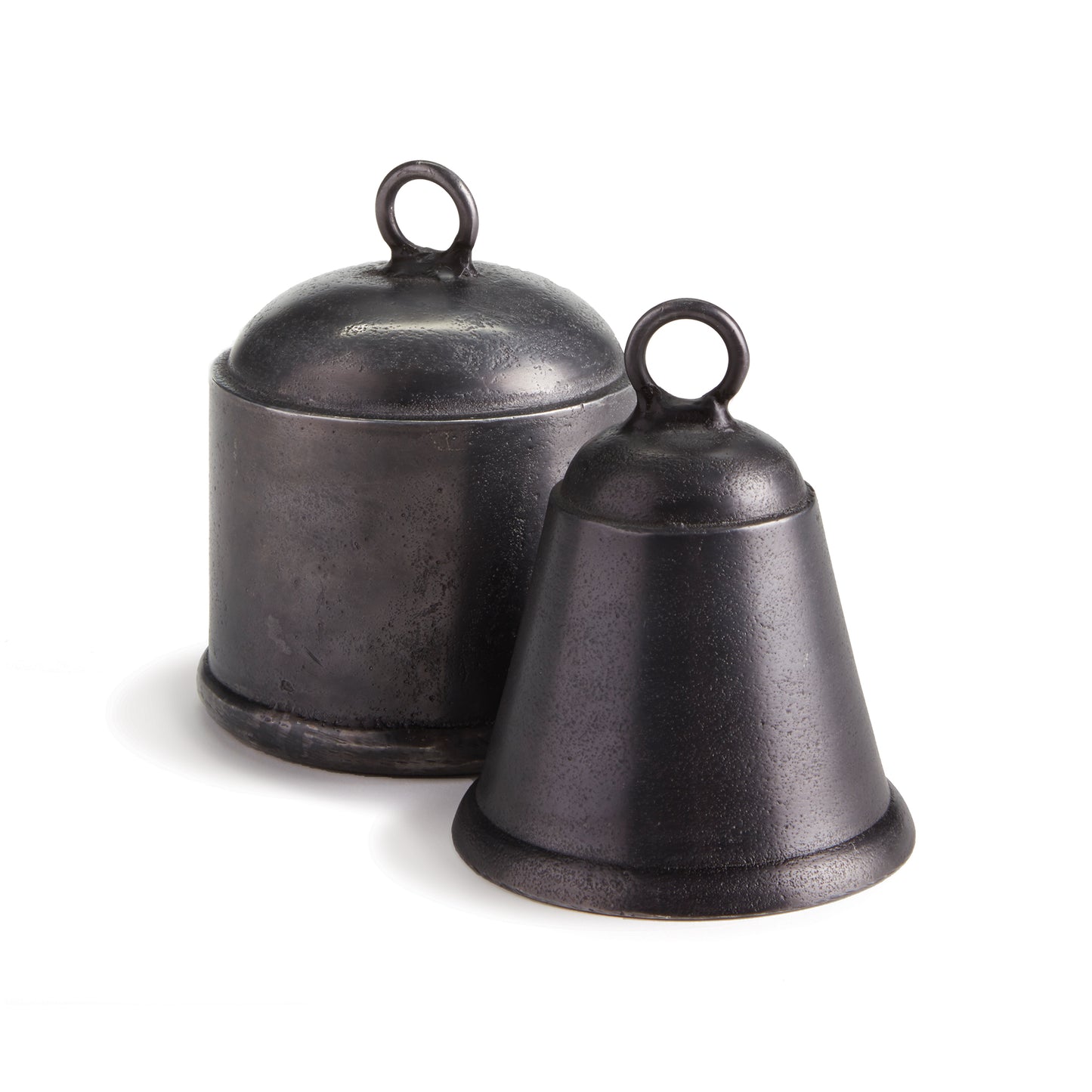 Old fashioned objets in cast aluminum, these historic shapes are functioning bells. Place atop a stack of art books on the ottoman or arrange in a bookshelf for a classic look.