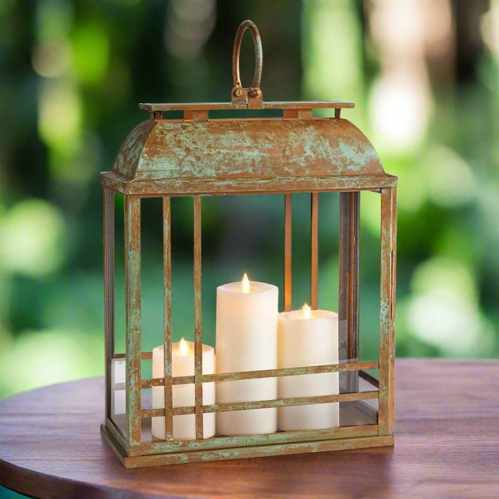 Large Patina Lantern Candle Holder with Vented Design