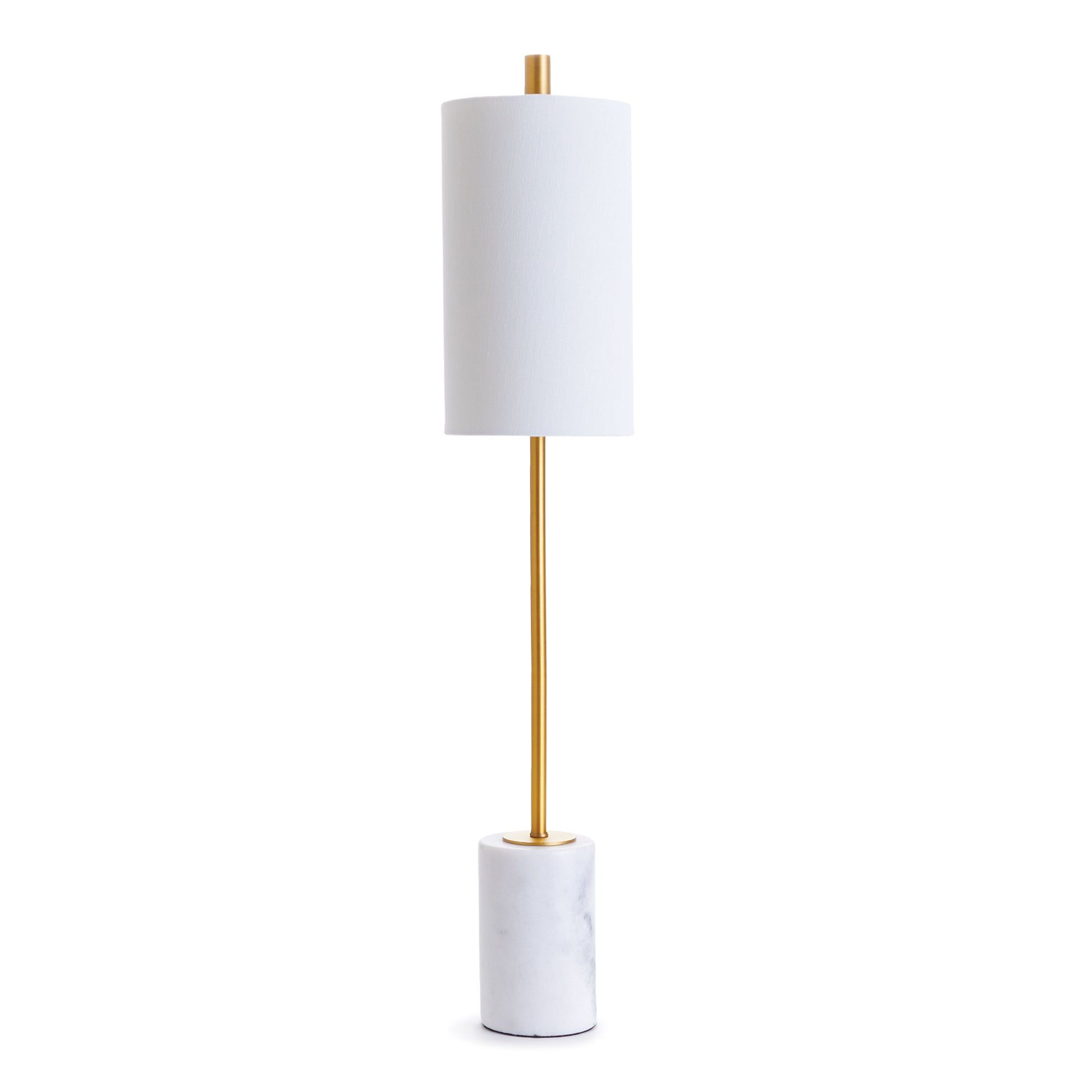 An unexpected mix of marble and brass accents make this lamp a stand out piece. The tall, narrow Base and tailored shade are well-designed details not to be missed.