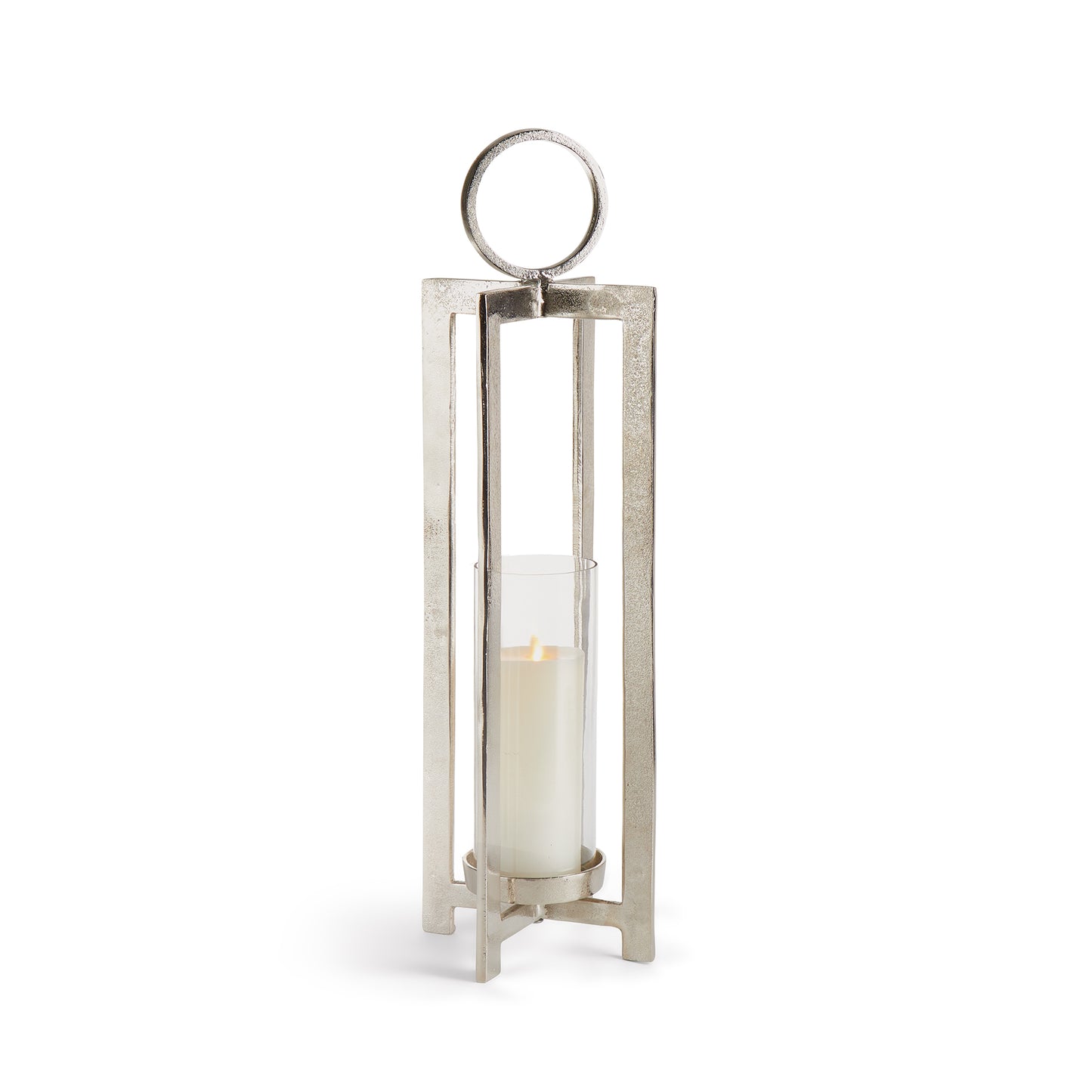 Featuring an impressive scale and sleek modern design, this lantern is guaranteed to make a statement. Its footed detail elevates the candle, while the large round handle adds a touch of sophistication. Perfect for any space, from a mantle to a front entry and beyond, this lantern is sure to impress.