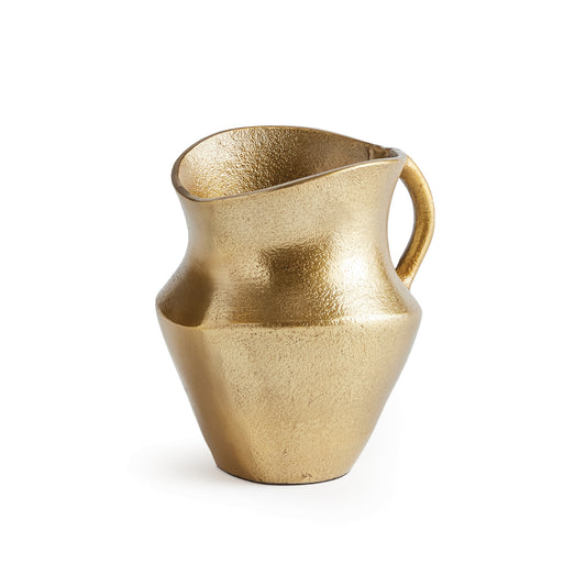 Asymmetrical in form and made of cast aluminum, this decorative pitcher fits nicely in the transitional space. Finished in a warm gold with a rich texture, it is a stunning vessel for faux stems or display as is for a cleaner look.