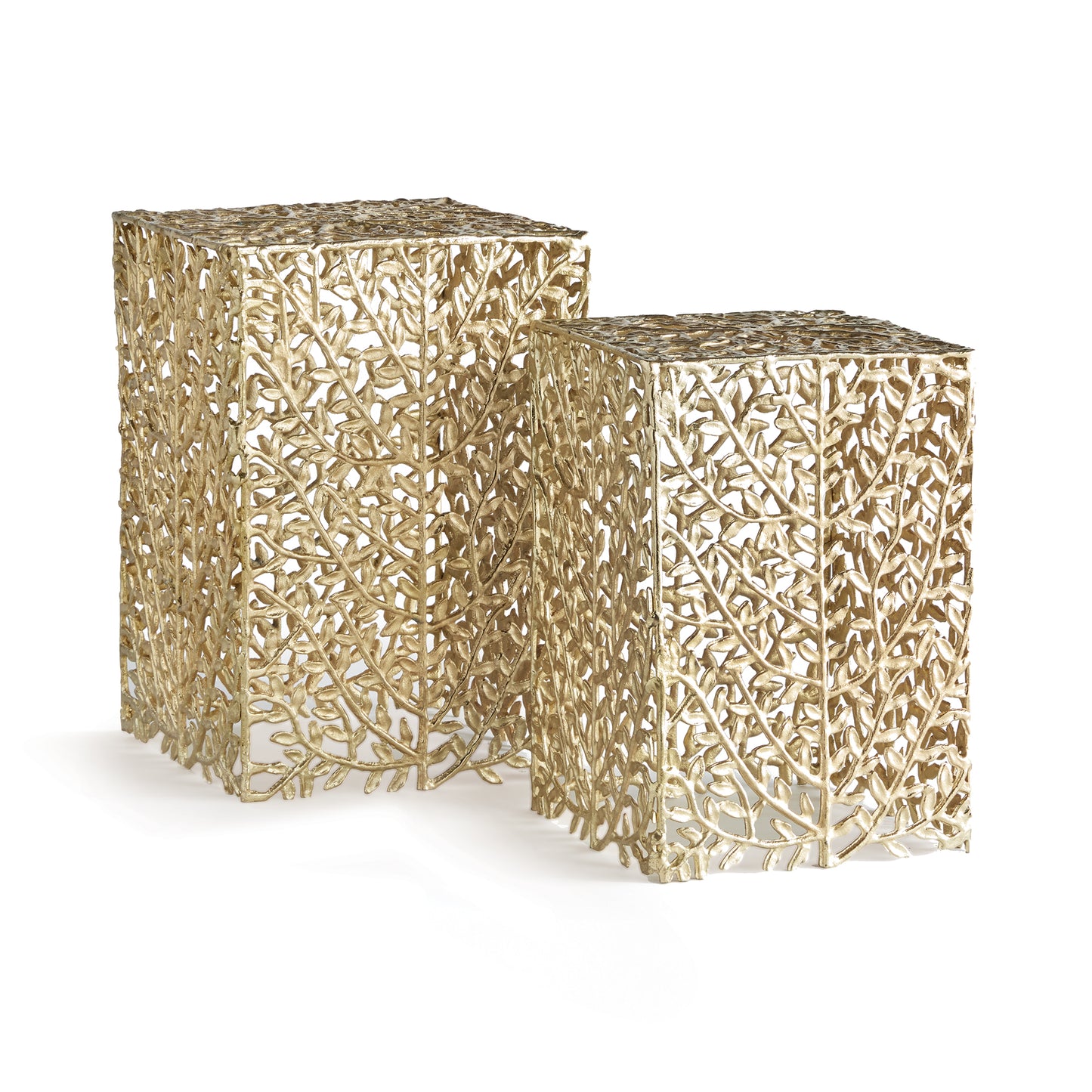 A whimsical flowing vine motif in aluminum frame makes up these exquisite side tables. Finished in a matte gold, they add a rich Depth and texture to any space.