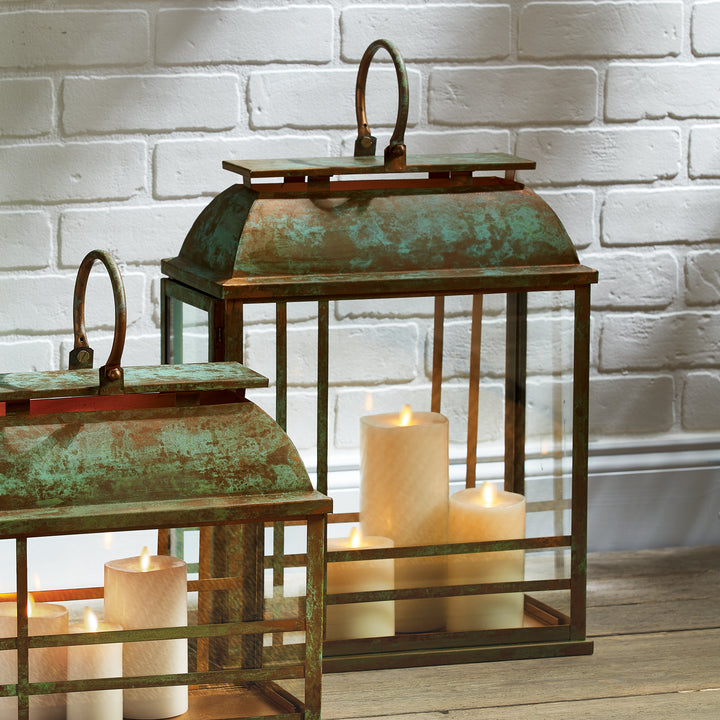 Large Patina Lantern Candle Holder with Vented Design