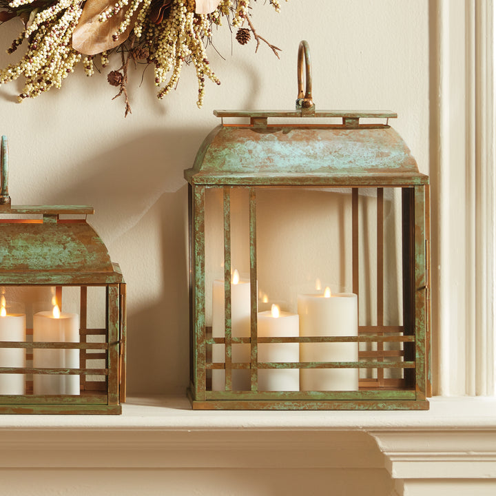 Large Patina Lantern Candle Holder with Vented Design