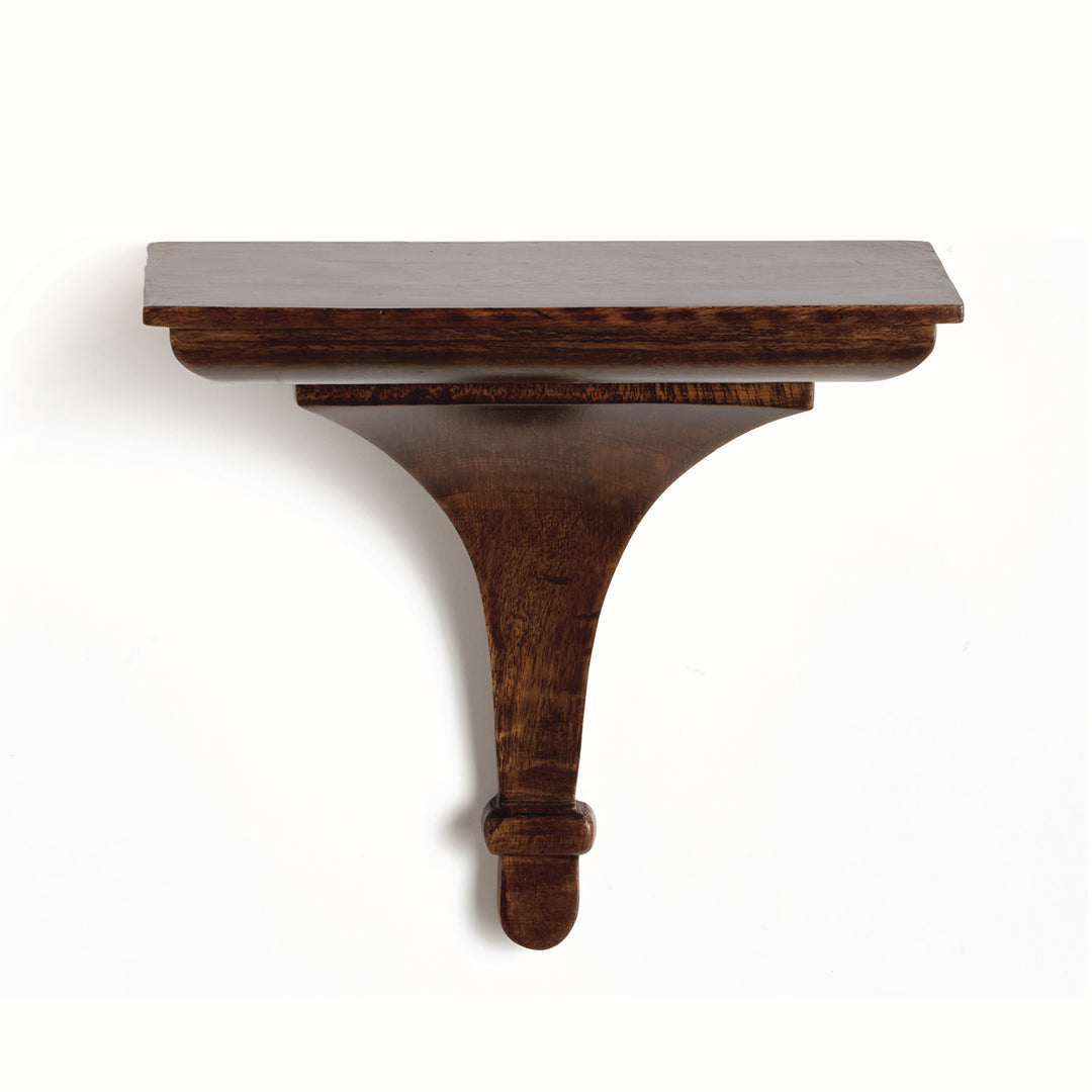 Detail of antique brown mango wood shelf surface showing smooth grain and hand-applied finish in warm brown tone.

