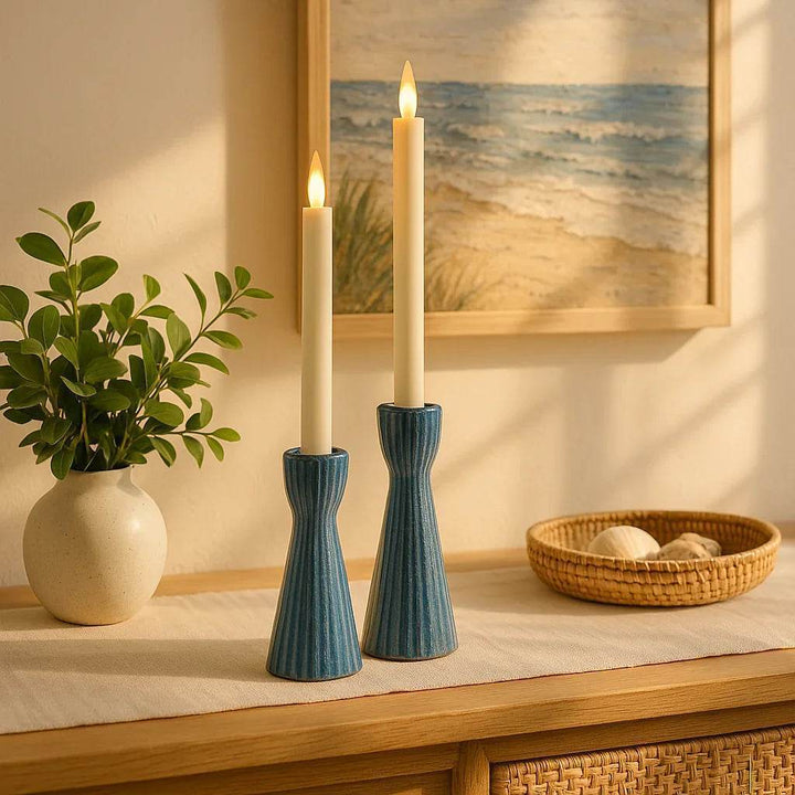 Blue ceramic taper candle holders, set of 2, reactive glaze stoneware - front view