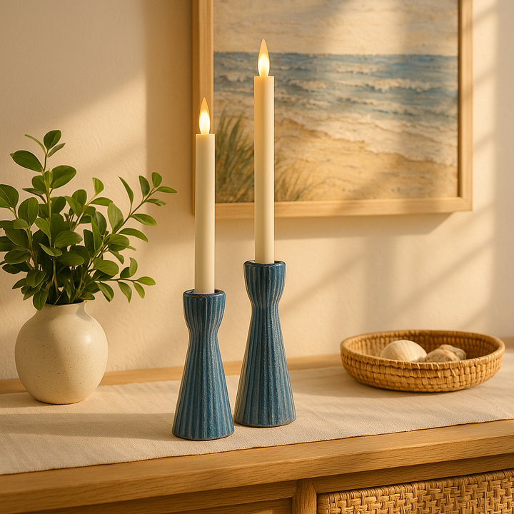 Blue ceramic taper candle holders, set of 2, reactive glaze stoneware – front view