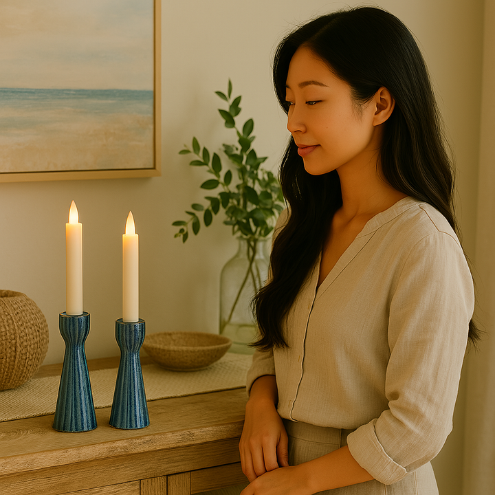 Lifestyle image – woman admiring taper candle holders on console table in natural light