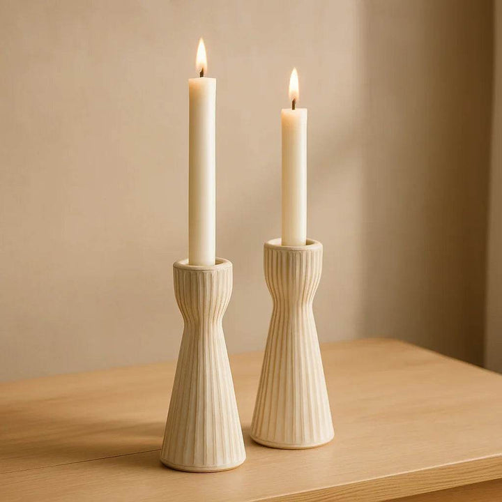 Set Of 2 Cream Ceramic Taper Candle Holders “ Modern Fluted Stoneware - Delamere Design