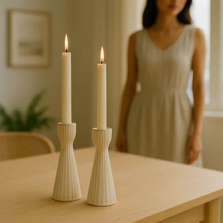 Set Of 2 Cream Ceramic Taper Candle Holders “ Modern Fluted Stoneware - Delamere Design