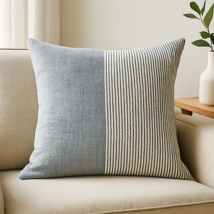24-inch navy and ivory pinstripe linen pillow with down alternative insert, front view


