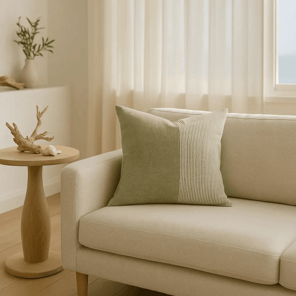 Coastal Living Room with Green and Flax Pinstripe Linen Pillow on Sofa - 24" Throw Pillow for Relaxation