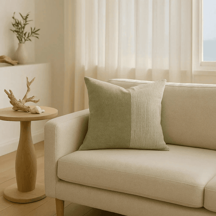 Coastal Living Room with Green and Flax Pinstripe Linen Pillow on Sofa - 24" Throw Pillow for Relaxation