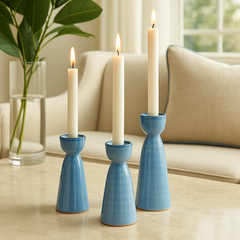 Blue Reactive Glaze Stoneware Candle Holders Set of 3