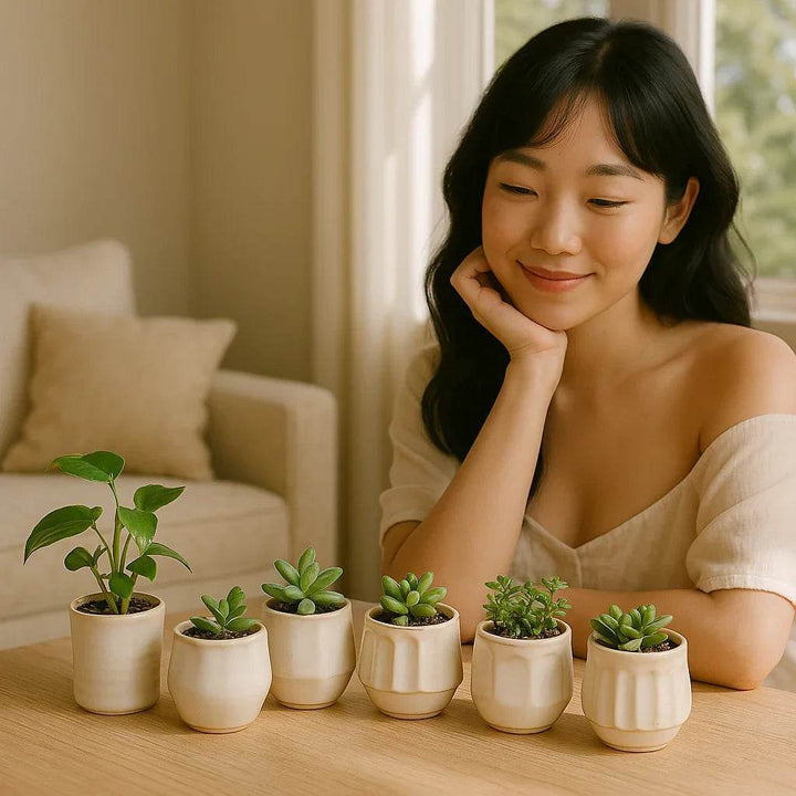 Mini Cream Stoneware Planter Pots - Set Of 6 With Drain Holes - Delamere Design