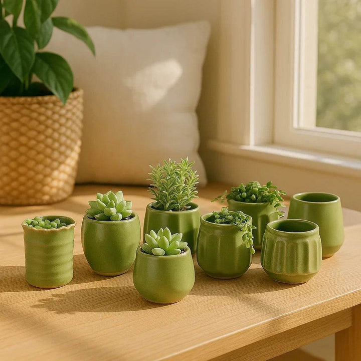 Mini Green Stoneware Planter Pots Set Of 6 With Drain Holes - Delamere Design