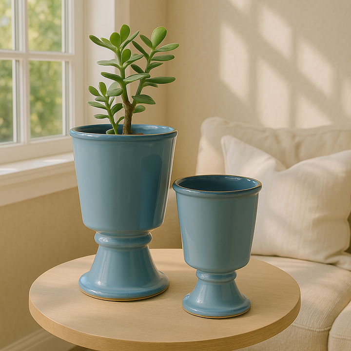 Footed Blue Ceramic Cachepot Planters – Set of 2