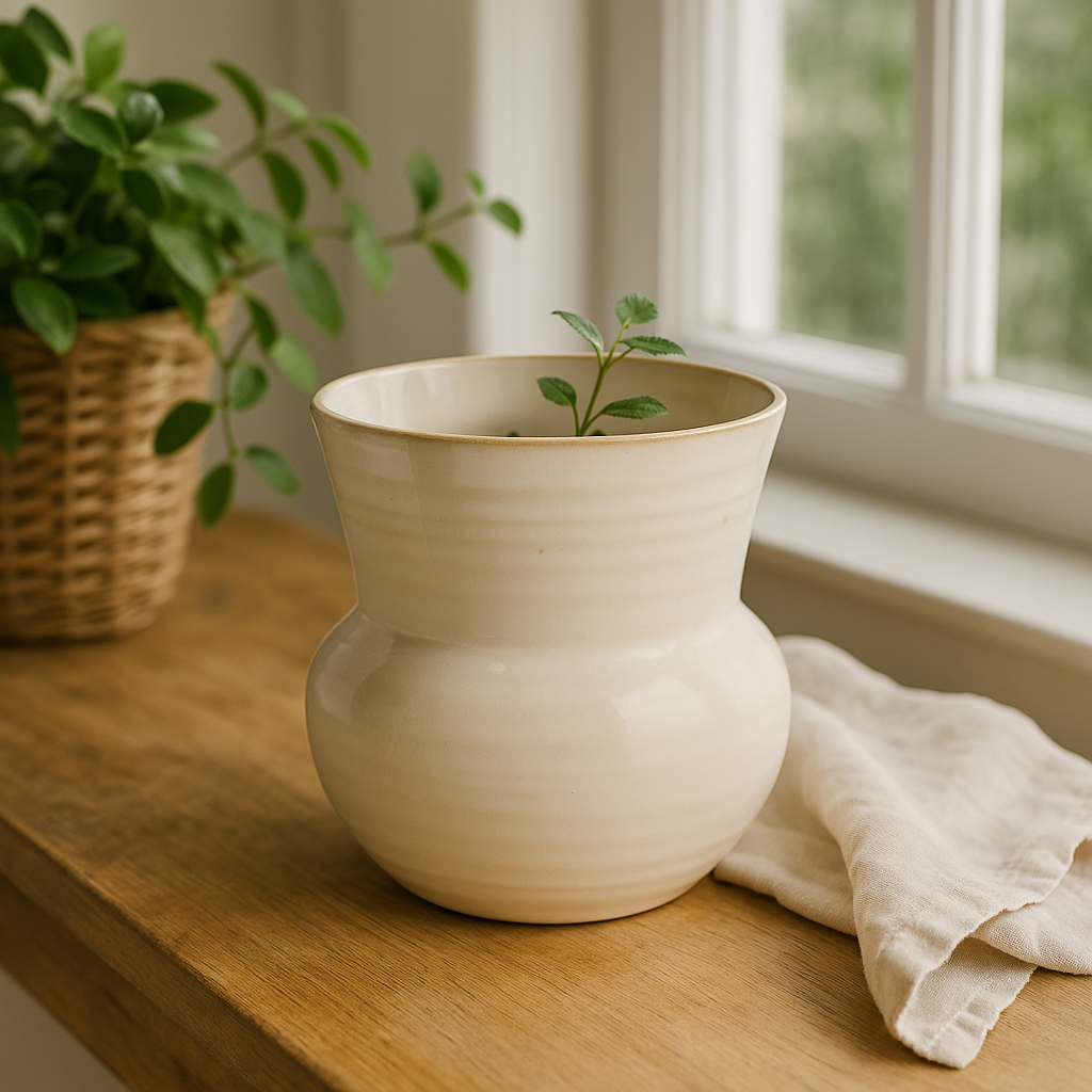 Small Cream Stoneware Planter Pot with Drain Hole – Reactive Glaze Finish