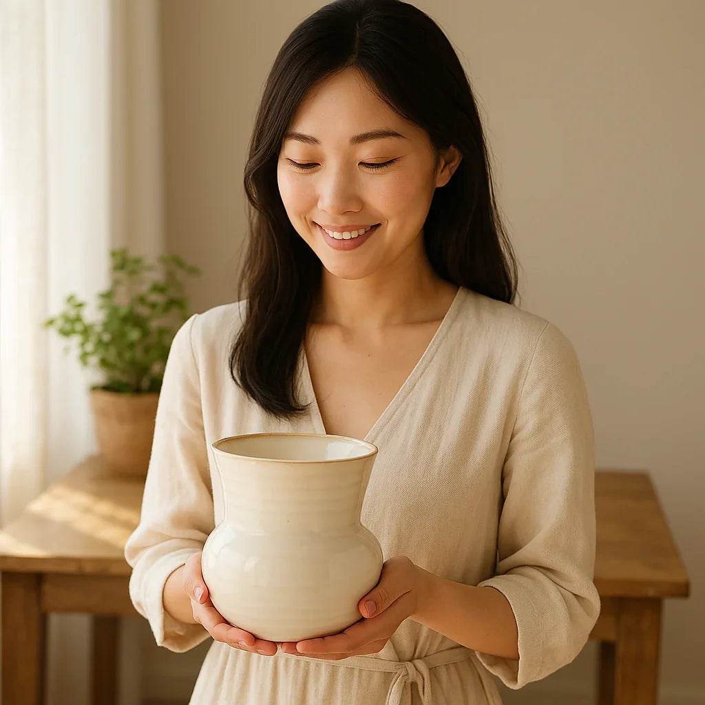 Small Cream Stoneware Planter Pot With Drain Hole - Reactive Glaze Finish - Delamere Design