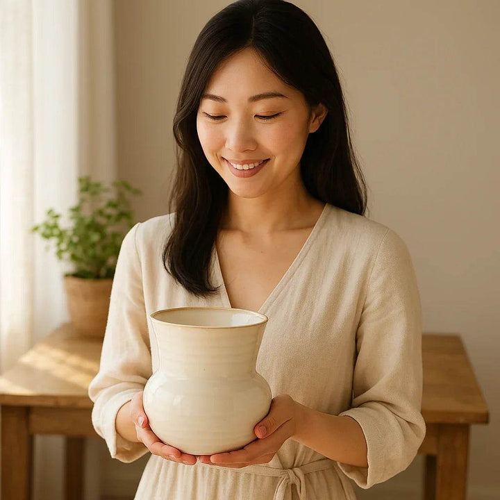 Small Cream Stoneware Planter Pot With Drain Hole - Reactive Glaze Finish - Delamere Design