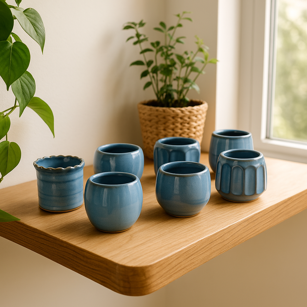 Mini Blue Stoneware Planter Pots – Set of 6 with Drain Holes