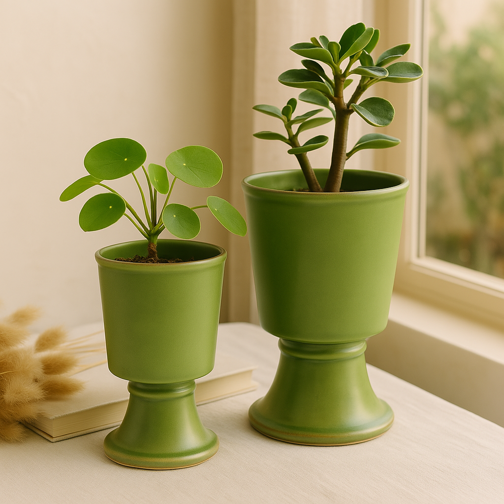 Green Footed Ceramic Cachepot Planters – Set of 2