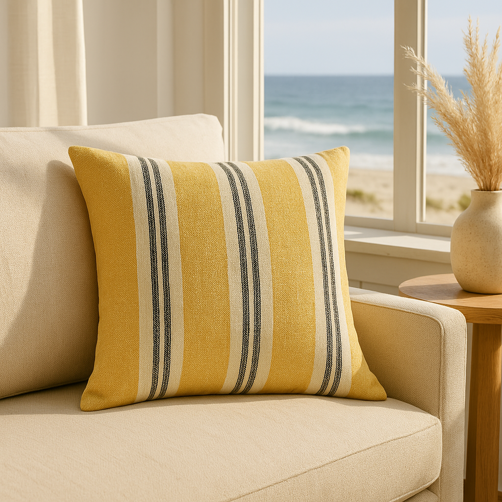 24" Yellow Linen Pillow with Ochre and Charcoal Stripes