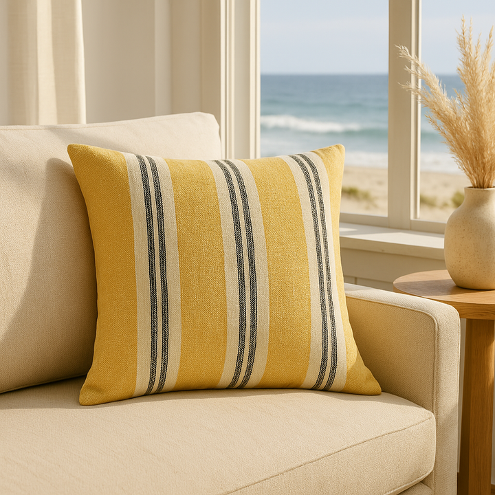 24" Yellow Linen Pillow with Ochre and Charcoal Stripes