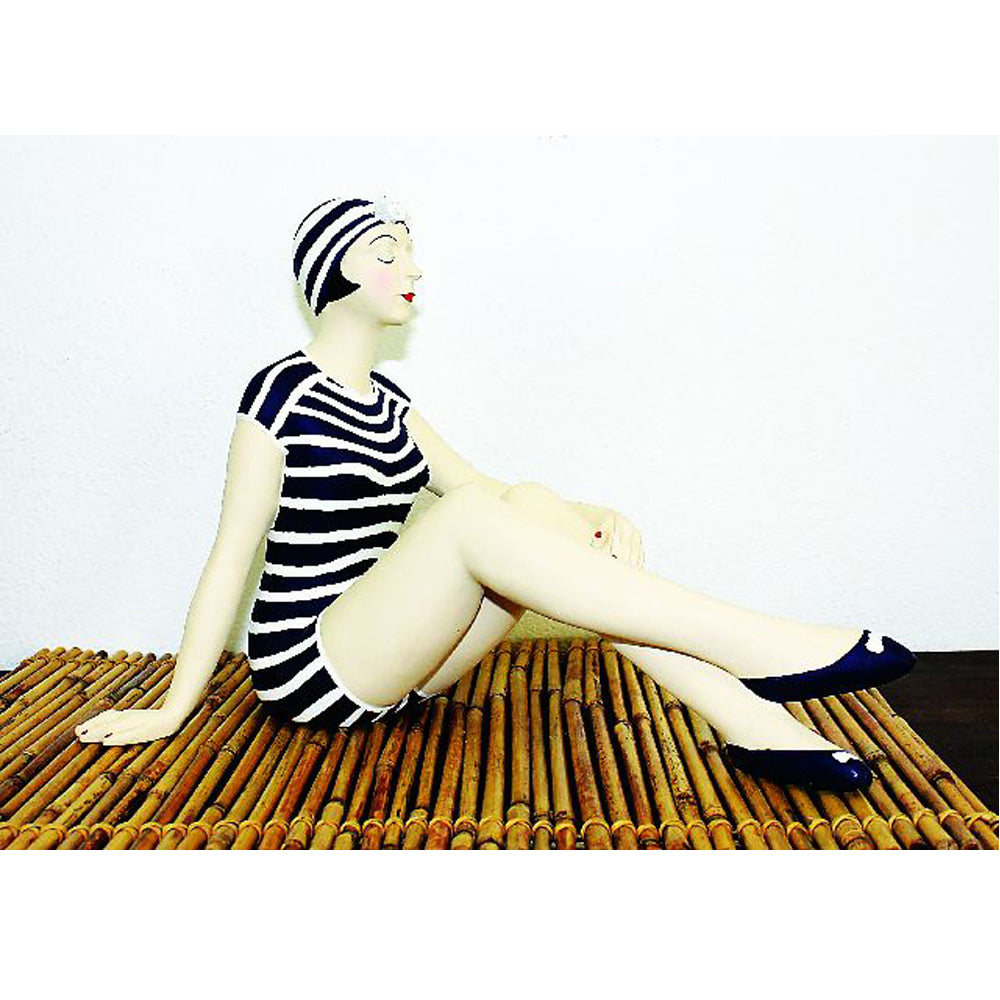 Bathing Beauty Figurine in Navy and White Stripe Suit with Knees Up