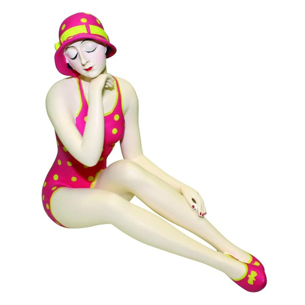 Bathing Beauty Figurine in Navy and popular White Stripe Suit with Knees Up