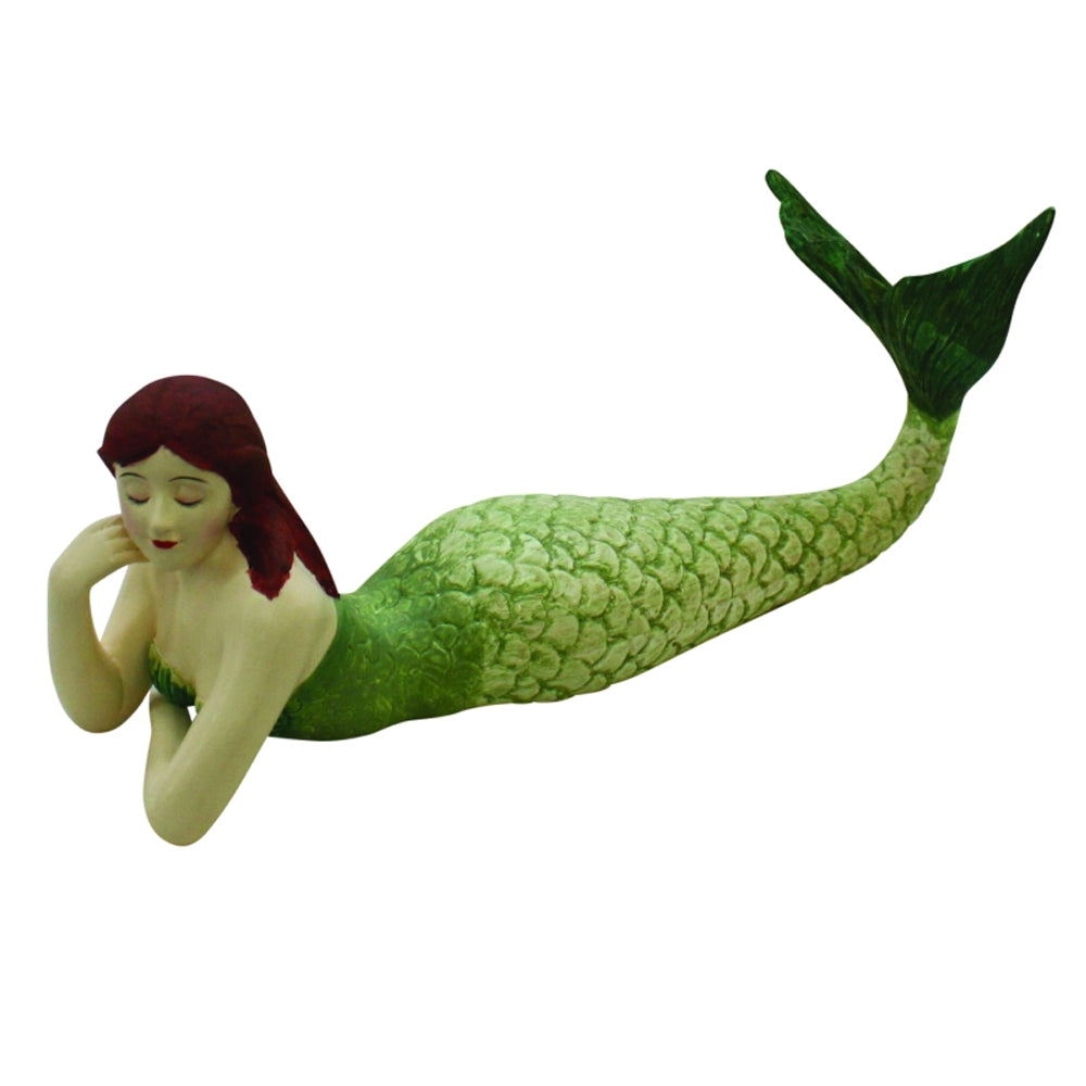 Nautical Shelf laying Mermaid Figurine with Hand Painted Green Detailing