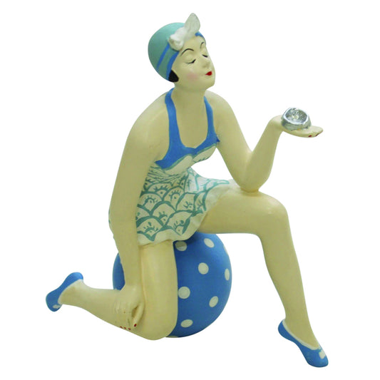 French Bathing Beauty Figurine in Blue Sitting on a Polka Dot Beach Ball