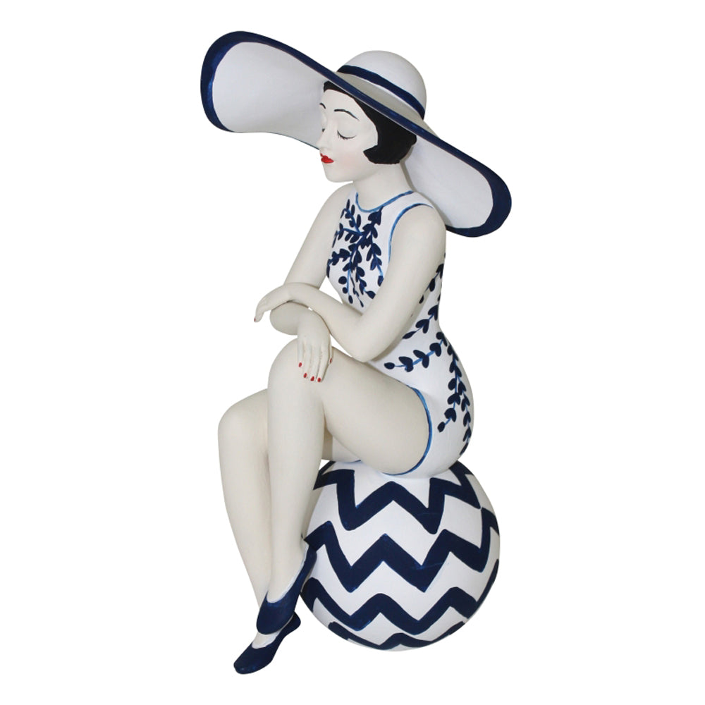Bathing Beauty Figurine in Large Elegant Sun Hat and Navy Blue and White Suit with Matching Beach Ball
