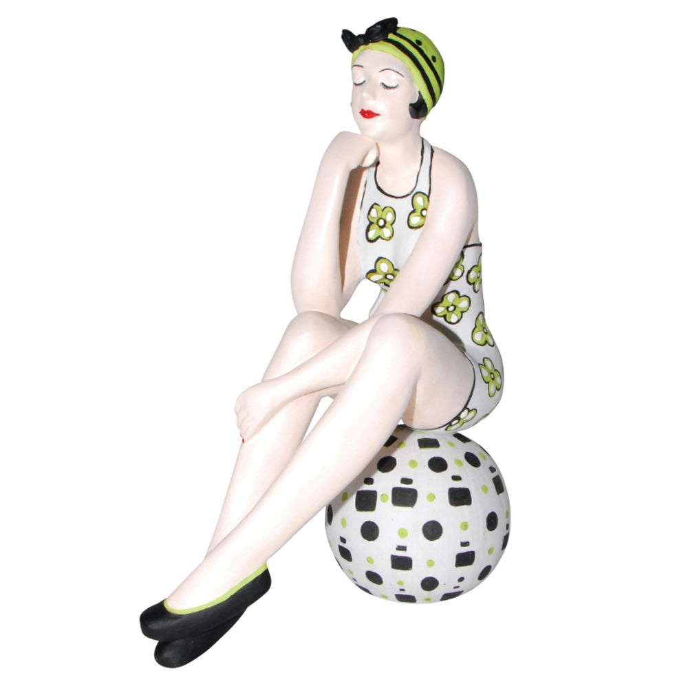Bathing Beauty Figurine in Lime Green and White Suit on Beach Ball