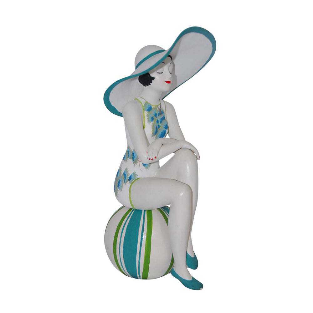 Bathing Beauty Figurine in Large Turquoise Sun Hat and Floral Suit on Beach Ball