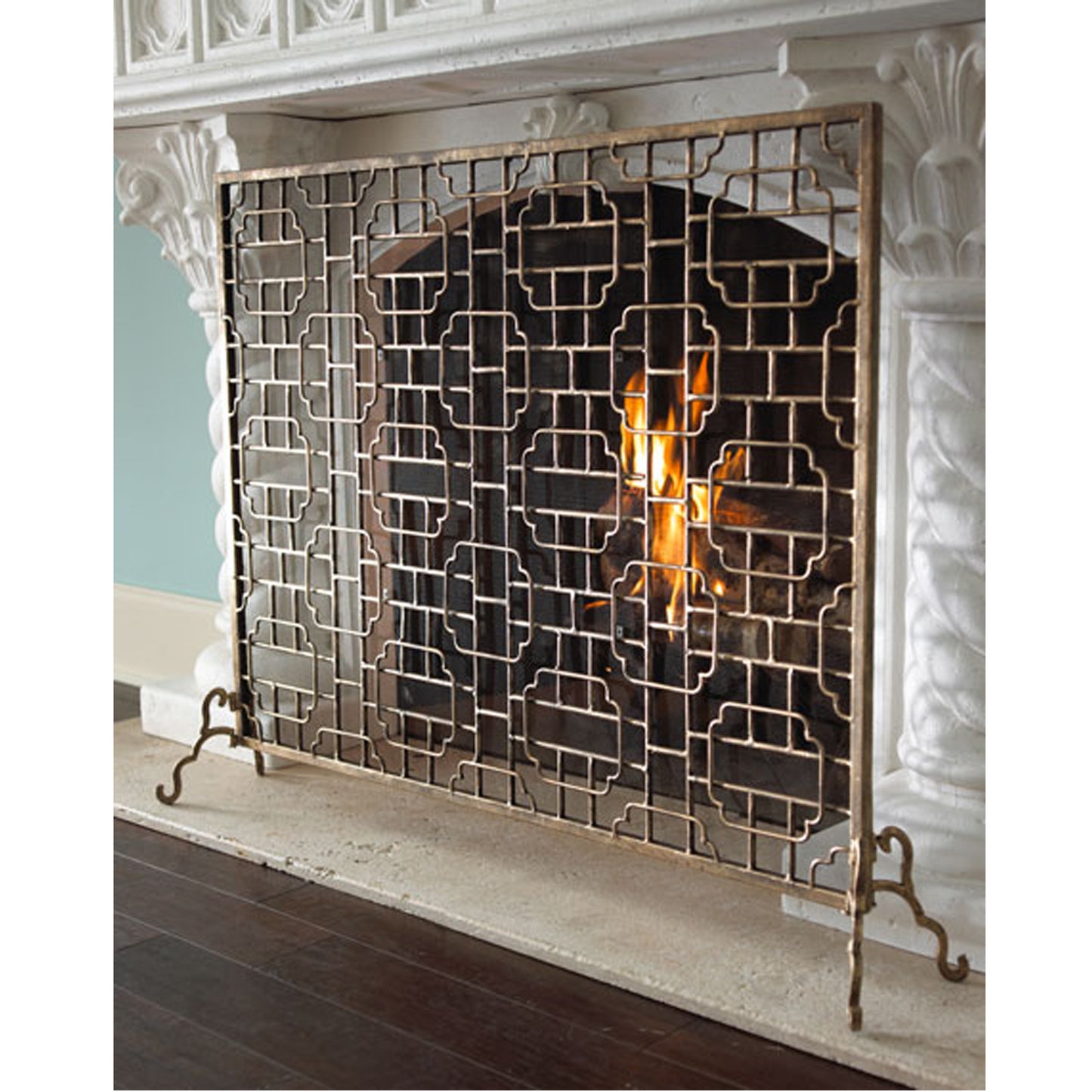 Fireplace Screen in Light Burnished Gold Geometric Design