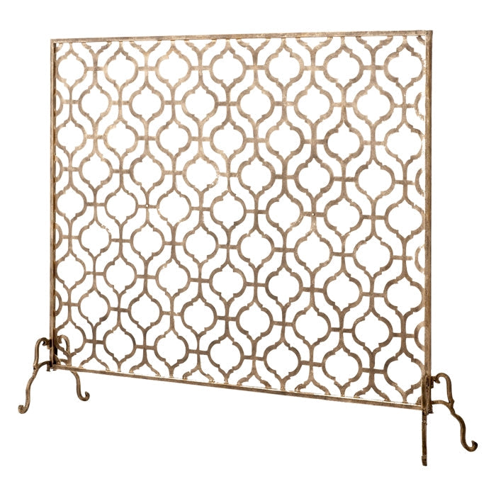 Single Panel Fireplace Screen Light Burnished Gold Geometric Design