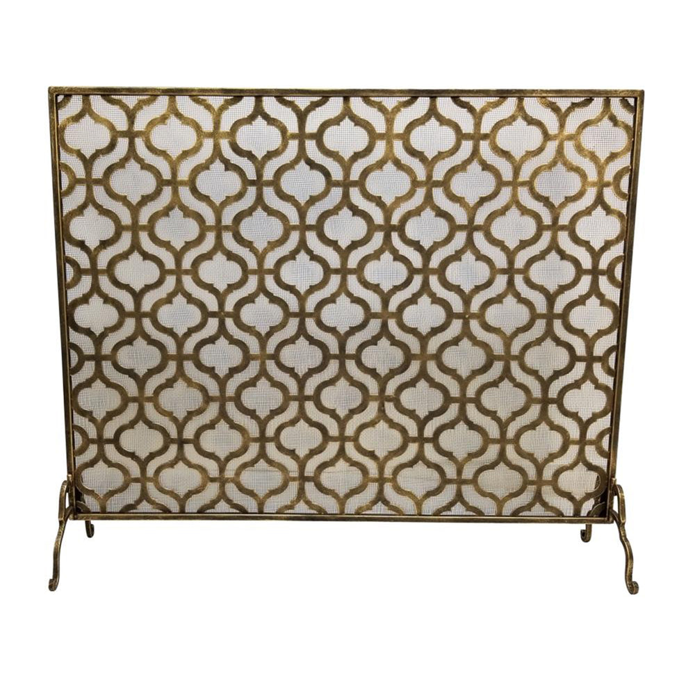 Single Fireplace Screen Light Burnished Gold Geometric Design