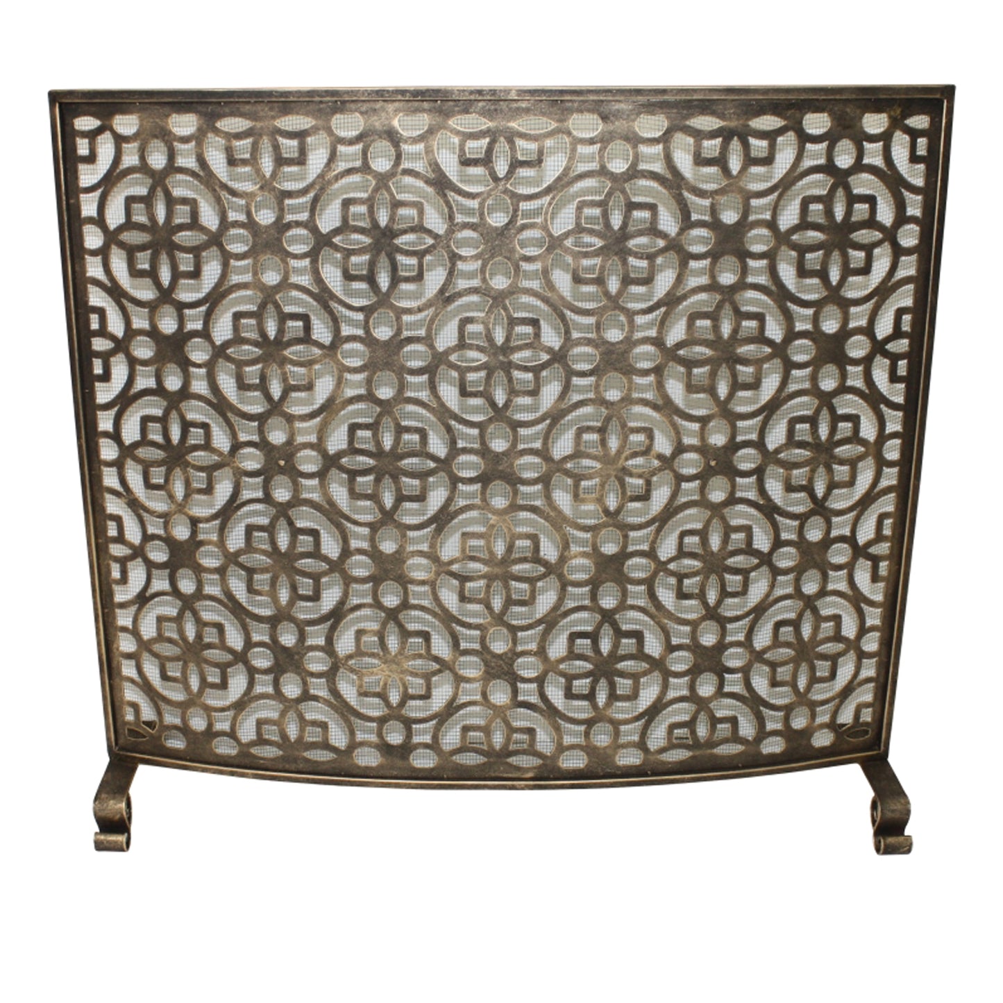 Fireplace Screen Light Burnished Gold Iron Geometric Floret Design Curved Design