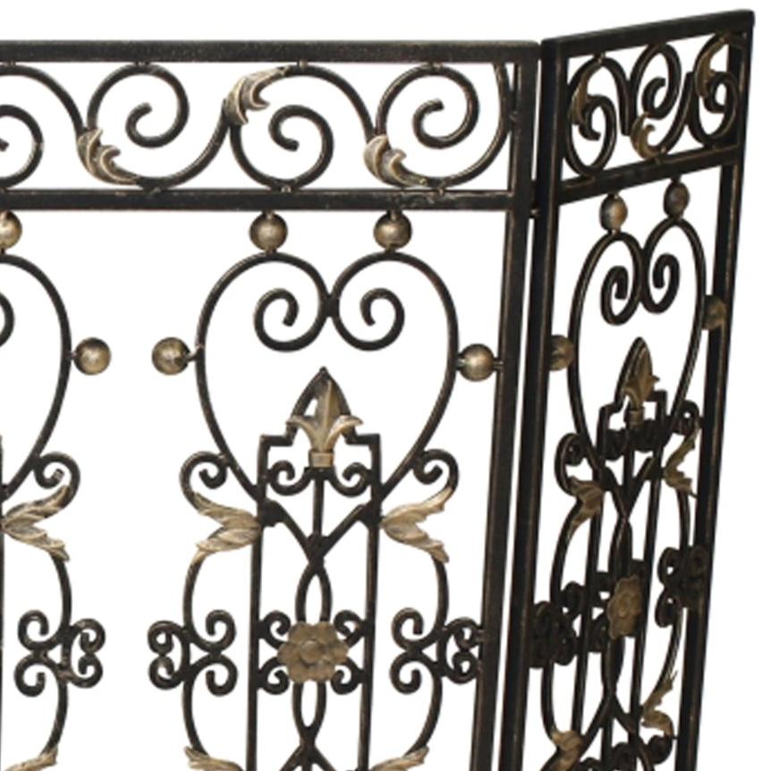 Fireplace Screen Burnished Gold Iron Gate Design, Three Panel