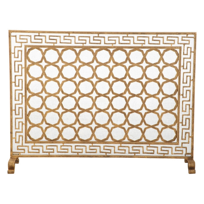 Single Panel Fireplace Screen in Gold Finish with Greek Design